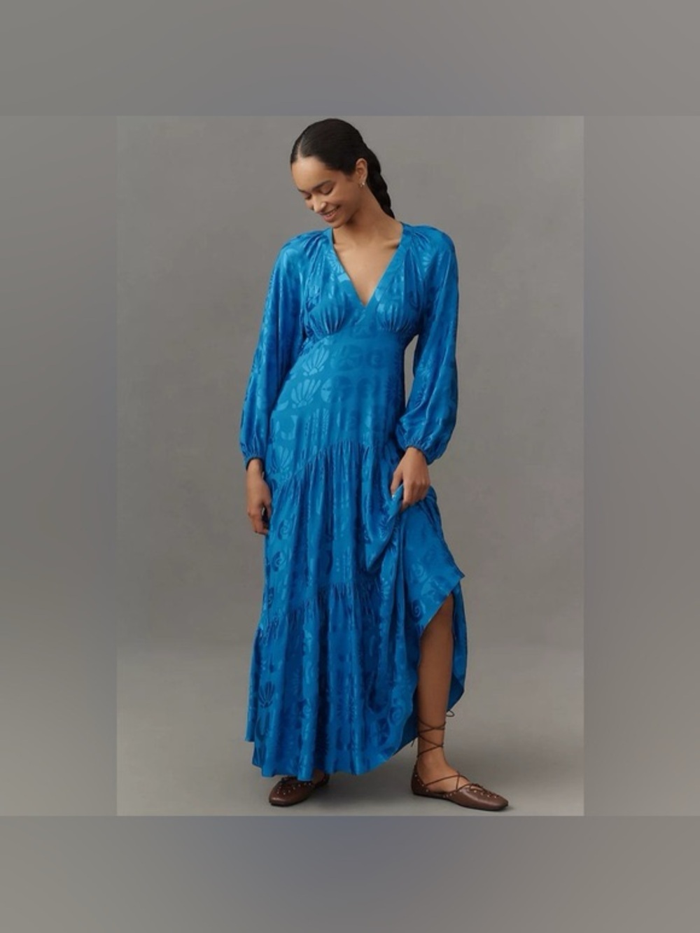 Farm Rio Long-Sleeve V-Neck Jacquard Maxi Dress
